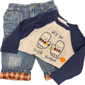 OshKosh B'gosh Genuine‎ Baby Jeans 9M Plaid Cuff Lined Unisex Denim